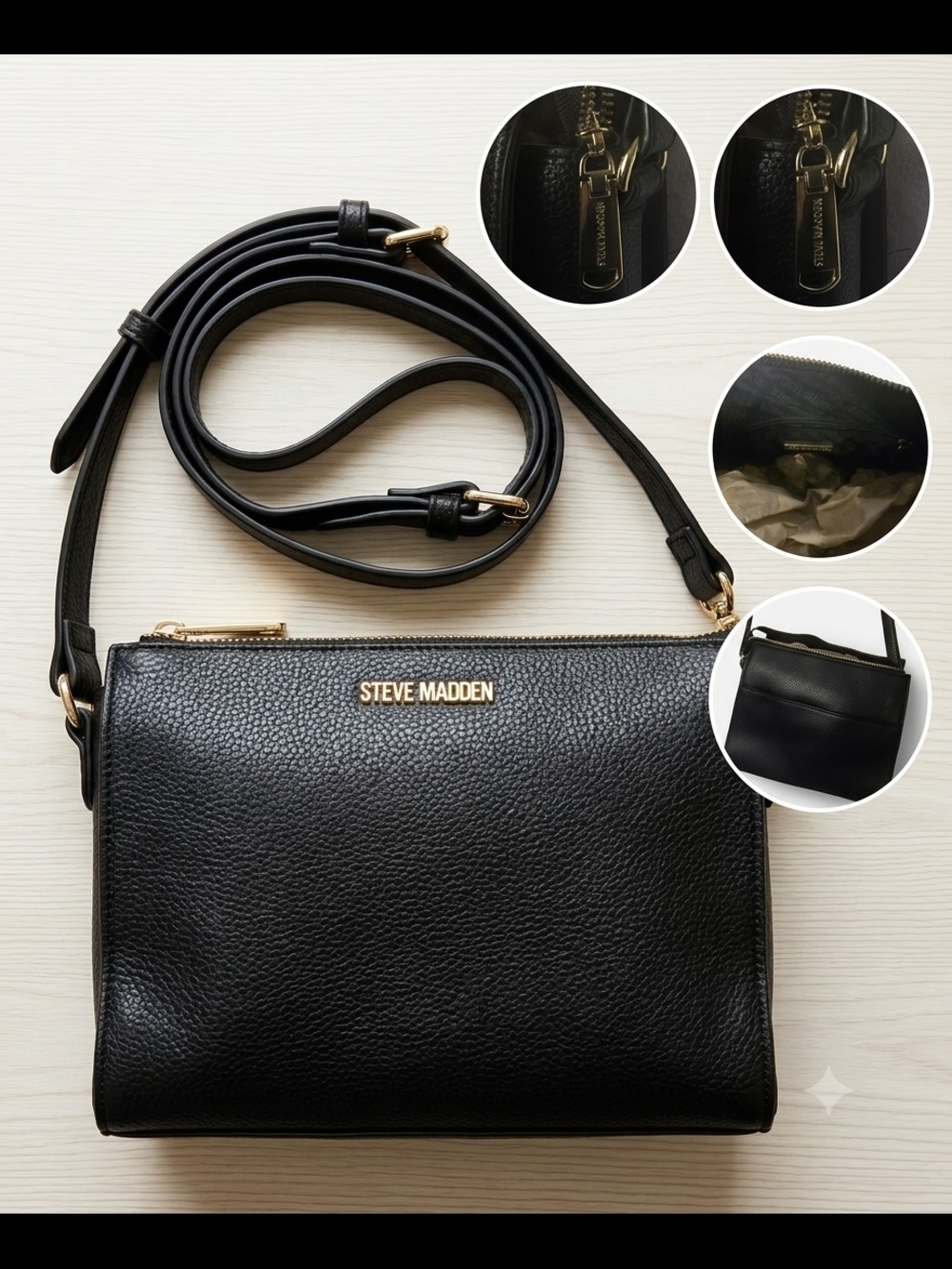 ​Steve Madden Black Pebbled Crossbody Camera Bag Multi Compartment Gold Zipper